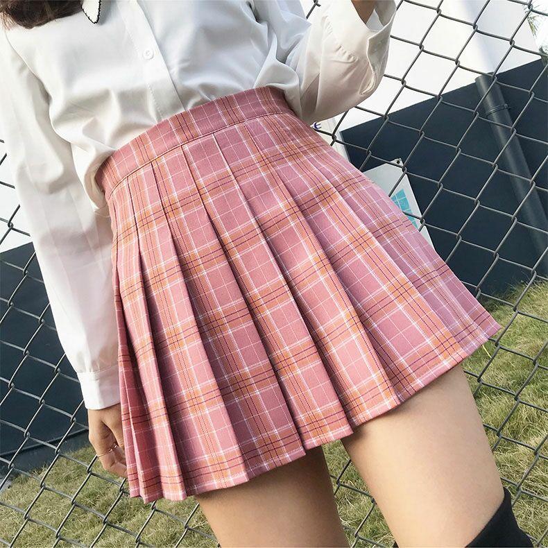 Zartrosa koreanischer Karierter Rock Falten hoch taillierter Rock Harajuku Karierter Rock Kawaii Rock Tennisrock Japanische Kleidung Kawaii Kleidung Japan XS