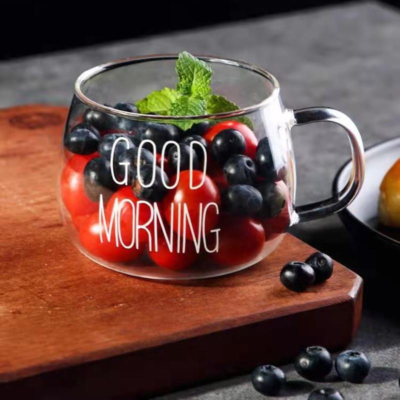350 ml mit Buchstaben bedrucktes transparentes kreatives Glas für Kaffee, Tee, Getränke, Dessert, Frühstück, Milch, Tasse, Glasbecher, Trinkgeschirr mit Griff 301-400ml red