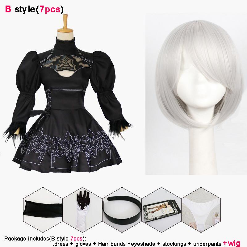 Sexy Nier Automata Yorha 2B Cosplay Anzug Anime Frauen Outfit Verkleidung Kostüm Fancy Halloween Karneval Mädchen Party Schwarzes Kleid + Perücke Kostüme Set 3XL