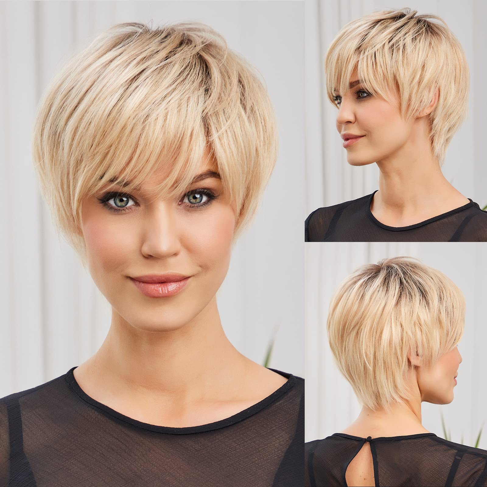 HAIRCUBE Blonde, goldene Perücke mit dunklen Wurzeln und geschichtetem Remy-Echthaar, kurzer Bob-Pixie-Schnitt, natürlich gewellte Perücke mit Pony, Echthaar-Perücken für Frauen