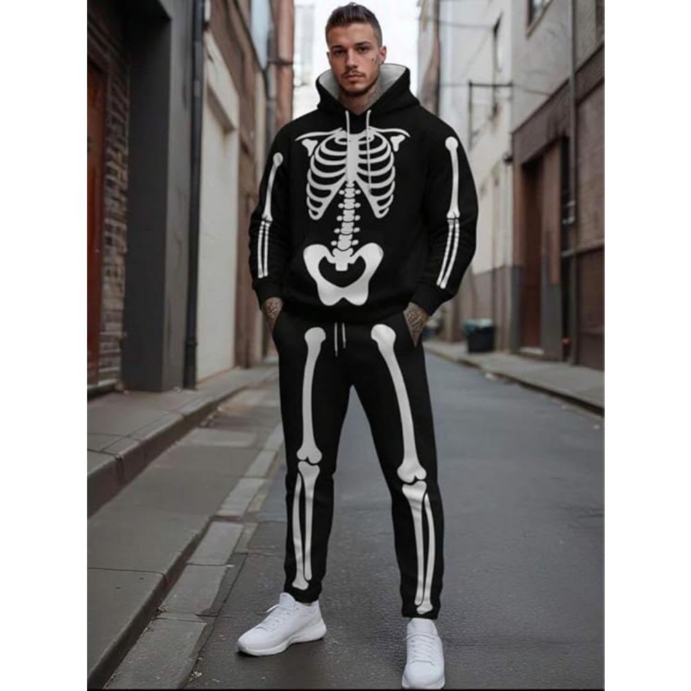 Halloween Hoodie Hose Sets Horror Skelett 3D Gedruckt Herren Freizeit Sweatshirts Jogginghosen Zweiteilige Anzüge Mann Trainingsanzug Kleidung 3XL black