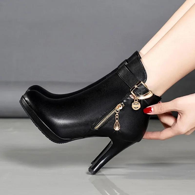 Mode Frauen Stiefel Herbst Stiefeletten Für Frauen Dünne Ferse Reißverschluss Casual Weibliche Schuhe Leder Stiefel Botas frauen schuhe 36 schwarz