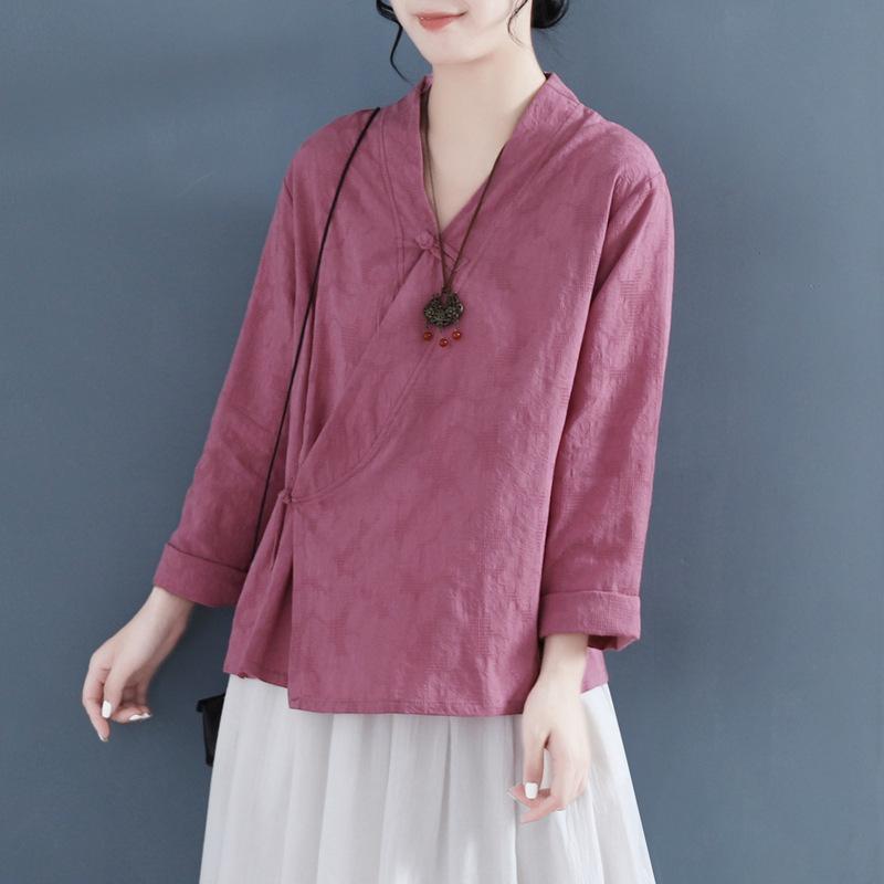Traditionelle chinesische Bluse für Damen, lässig, Baumwolle, Leinen, V-Kragen, Knopfleiste, Hanfu-Anzug, Oberteil, Cosplay-Kostüme, Damenkleidung L brown