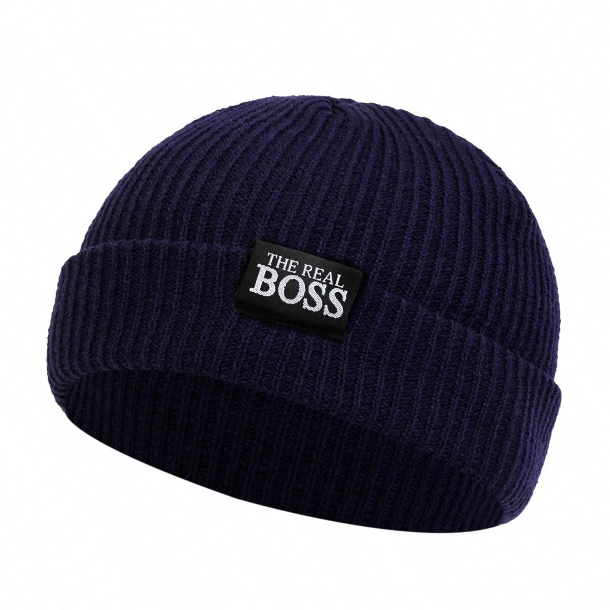 Unisex The Real Boss Etikett Dekoration Hip Hop Melonenmütze Winter Radfahren Warme Mützen Strickmützen Frühling Herbst Outdoor Sport Reise für Damen Herren navy blau