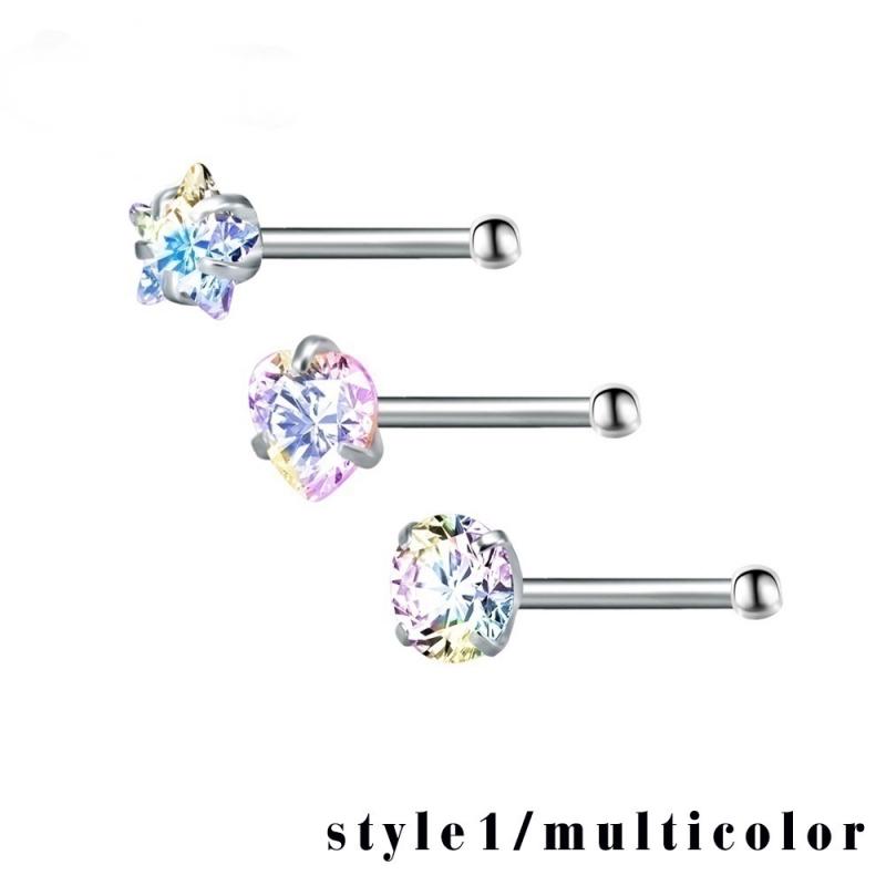 3 teile/satz Herz Stern Runde Nasenringe Diamant Zirkon Edelstahl Nasenstecker Körper Piercing Schmuck style1 bunt