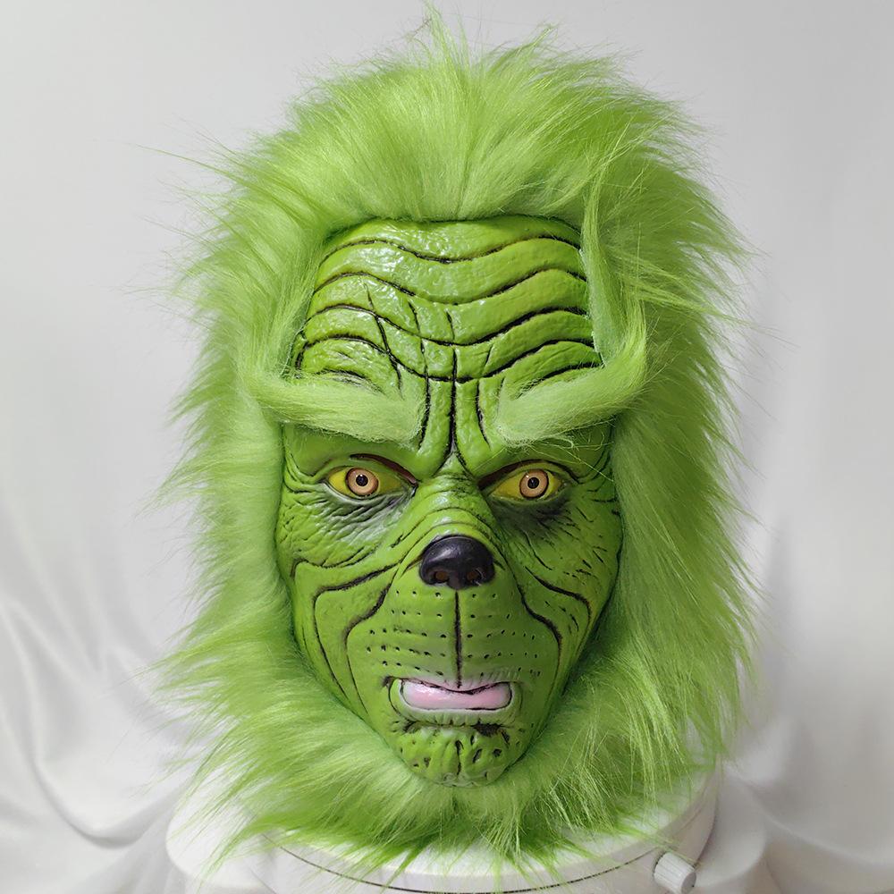 Weihnachtsmaske grünes pelziges Monster Grinch Kopfbedeckung Cosplay Lustige Party Latexmaske Green furry monster witho beige