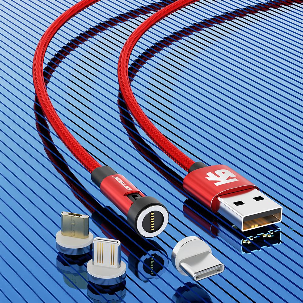 KEYSION 5A Magnetisches USB-Kabel, drehbares Gaming-Kabel, Schnellladung, Typ-C-Kabel, Magnet-Ladegerät, Daten, Micro-USB-Handykabel for 3 in 1 1m 3A rot