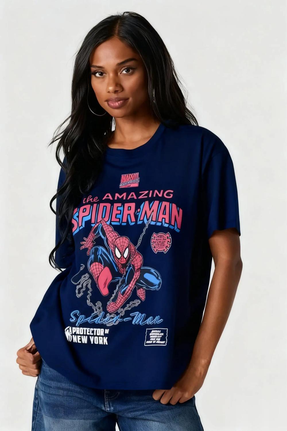 Spider Man Marvel Comic T-Shirt Damen Herren Baumwolle Grafik-T-Shirt Superhelden-Print Streetwear Oversized Lässiges Oberteil Sommer Neu Y2k S beige