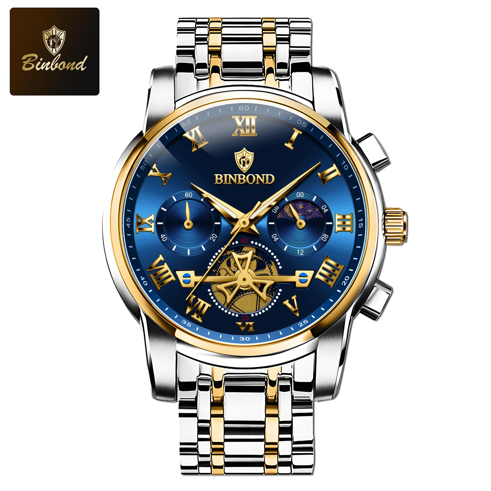 BINBOND Luxusuhr für Herren Quarz Sportarmbanduhr Wasserdicht Leuchtzeiger Edelstahl Chronograph Herrenuhren Uhr gold/blau
