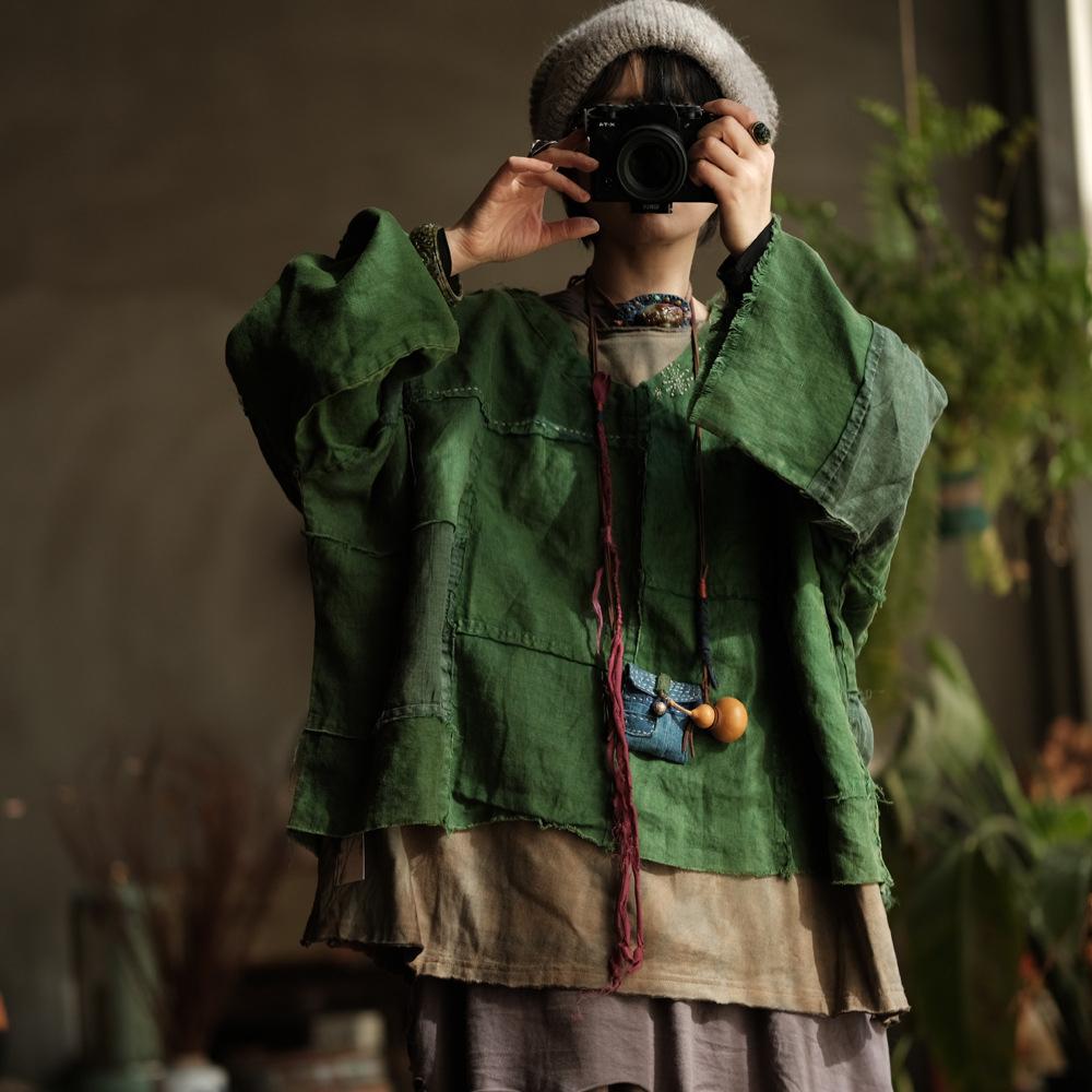 Johnature Damen Vintage Patchwork T-Shirts V-Ausschnitt Langarm Frühling Lockere Damen T-Shirts One Size grün