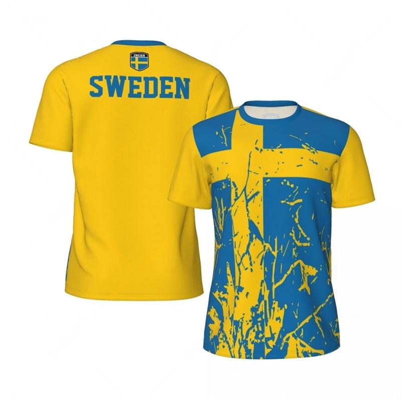 Schweden Fußball T-Shirt Für Männer 3D Gedrucktes Lockeres T-Shirt Mode Kurzarm Rundhals T-Shirts Tops Sommer Sport Fußball T-Shirts M