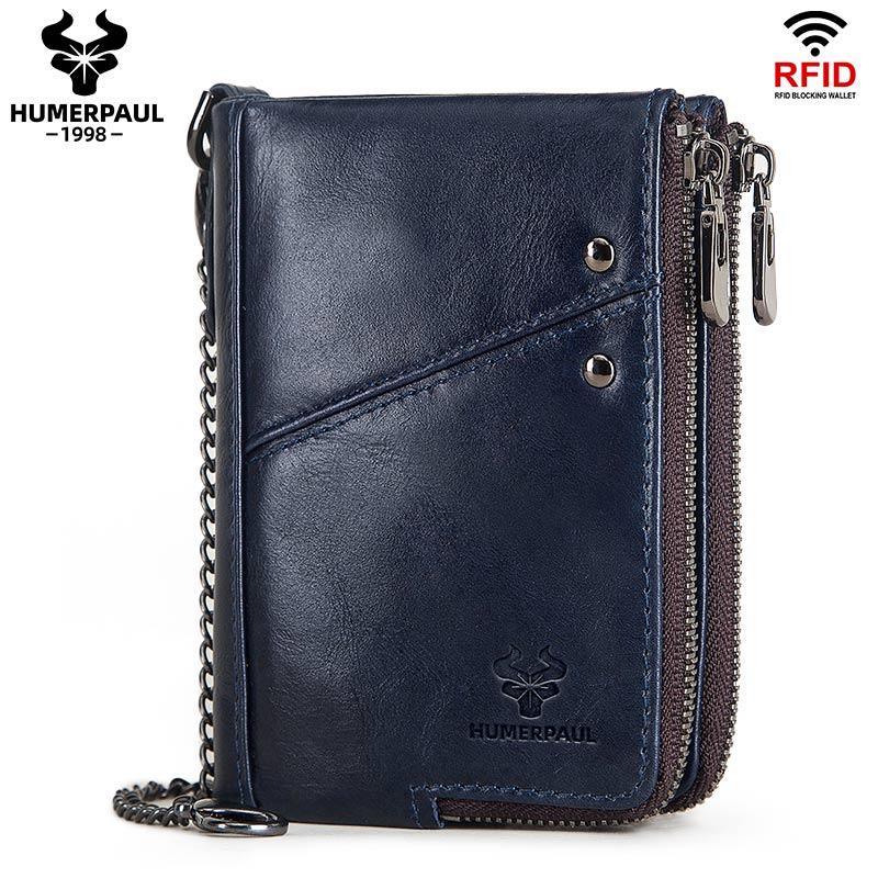 HUMERPAUL Herren-Geldbörse aus echtem Leder, RFID-blockierend, doppelter Reißverschluss, schmale horizontale Bifold-Geldbörse blau