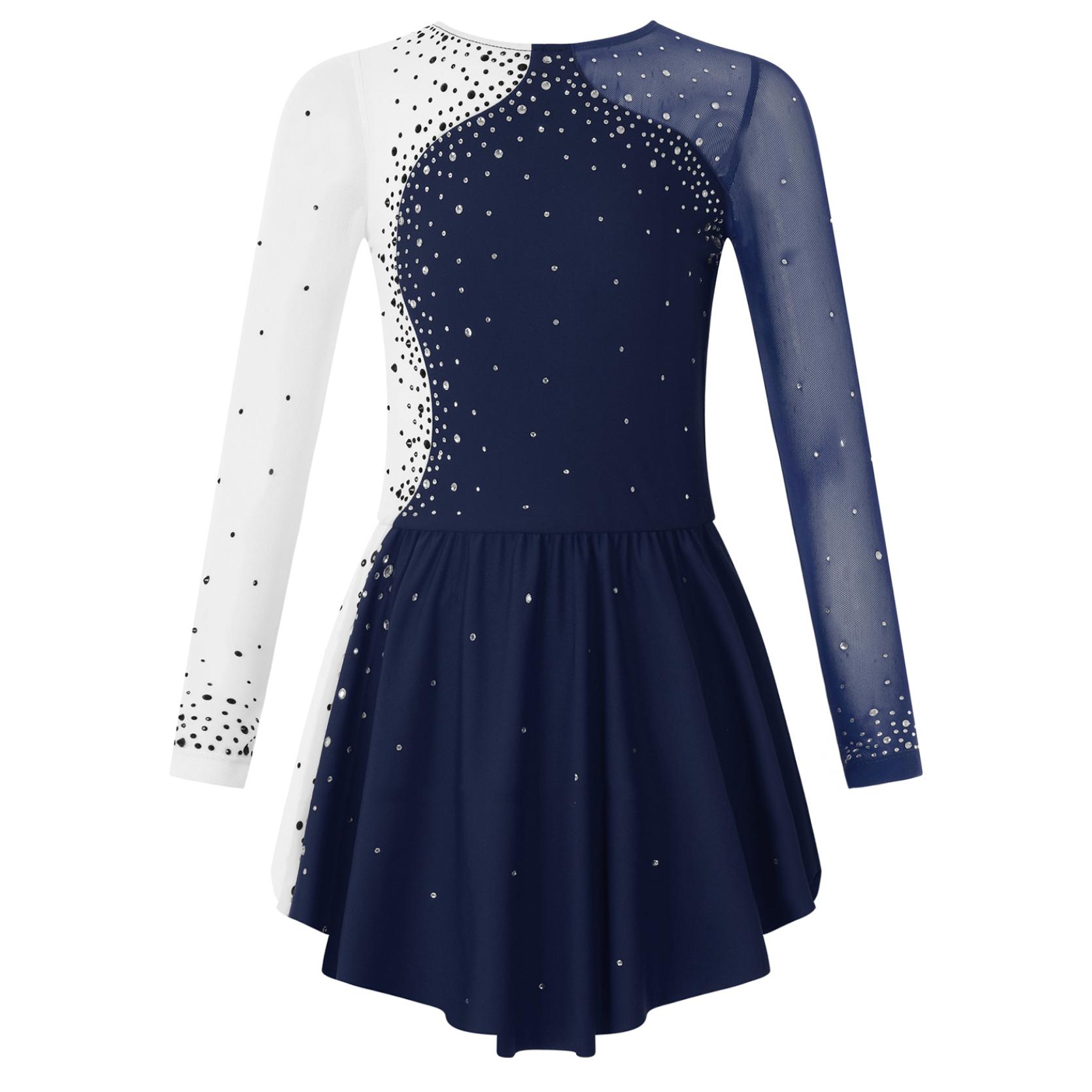 Kinder Mädchen Tanzkleidung Langarm Rundhalsausschnitt Strass Dekor Kontrastfarbe Skating Kleider 9-10 Years navy blau