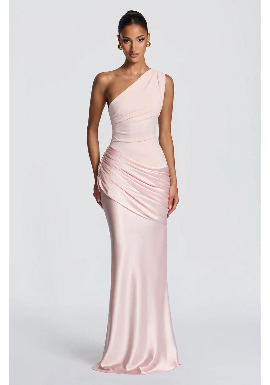 2026 Sommer Europäischer & Amerikanischer Stil Ein-Schulter Satin Meerjungfrau Abendkleid. Small rosa