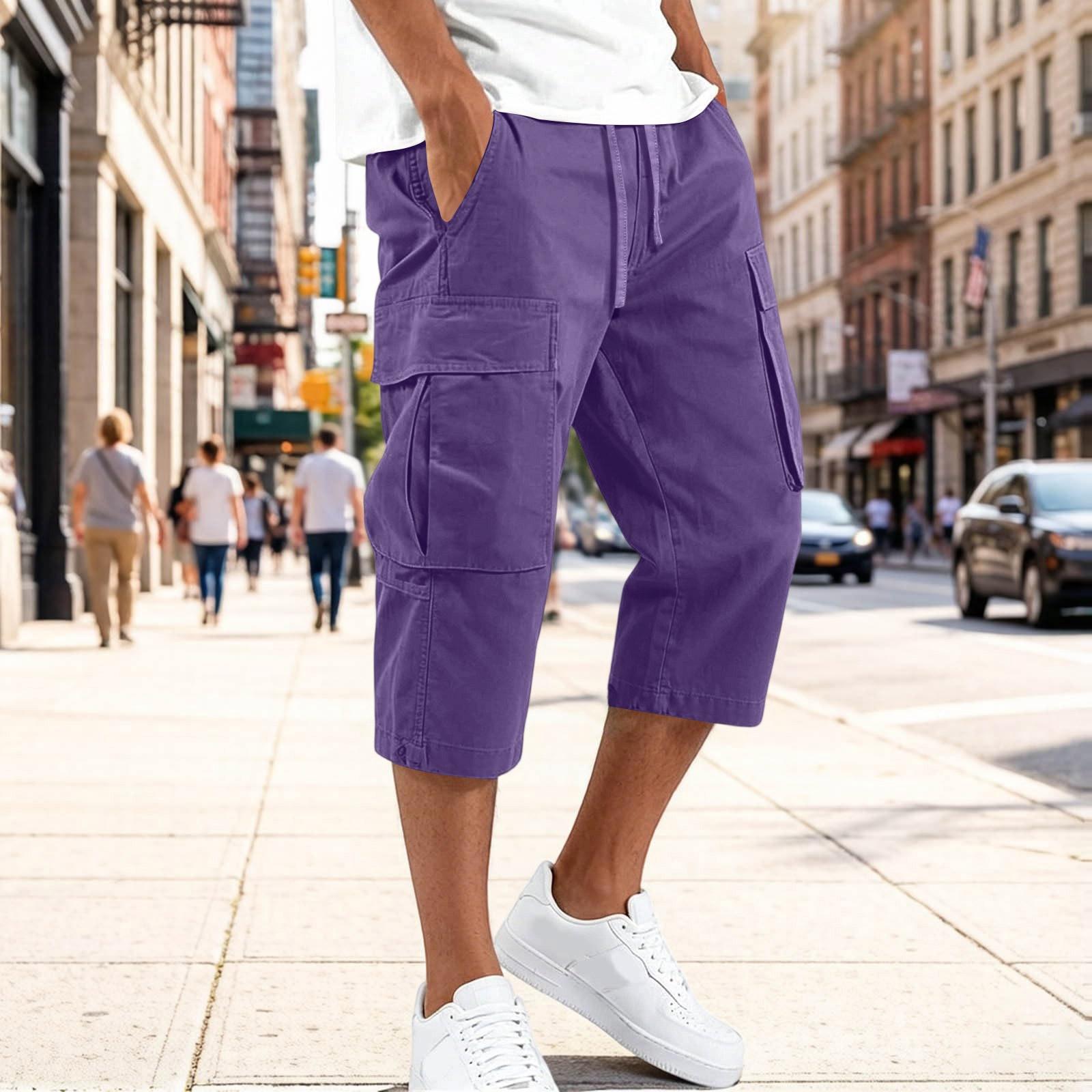 Herren Cargohosen mit Kordelzug Taille Mehrere Taschen Lässige Caprihosen Dreiviertellänge Strapazierfähiges Gewebe Lockere Passform S violett