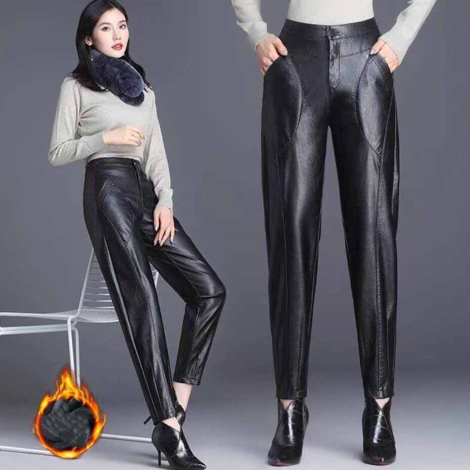 Lederhose Damen Fleece-Oberbekleidung Haremshose mit hoher Taille Damen Warme Lederhose Damen S schwarz