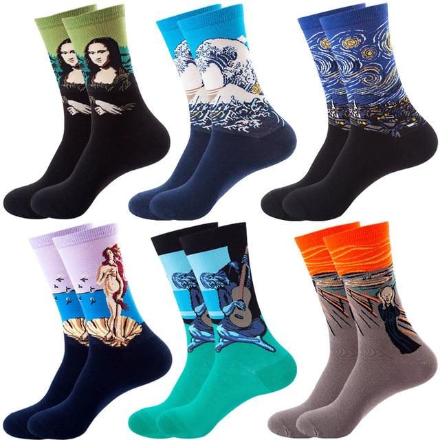 6 paare/satz Socken Männer Frauen Ölgemälde Design Baumwolle Socke Persönlichkeit Kunst Wandbild Harajuku Skateboard Weibliche Lustige Socken Frau One Size black