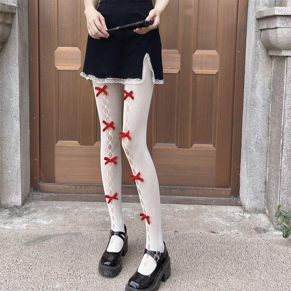 Neue Spitze Strumpfhosen Fishnet Seide Strümpfe Frauen Kawaii Bowknot Aushöhlen Strumpfhosen Flut Japanische Mädchen Sex Dünne Strumpfhosen