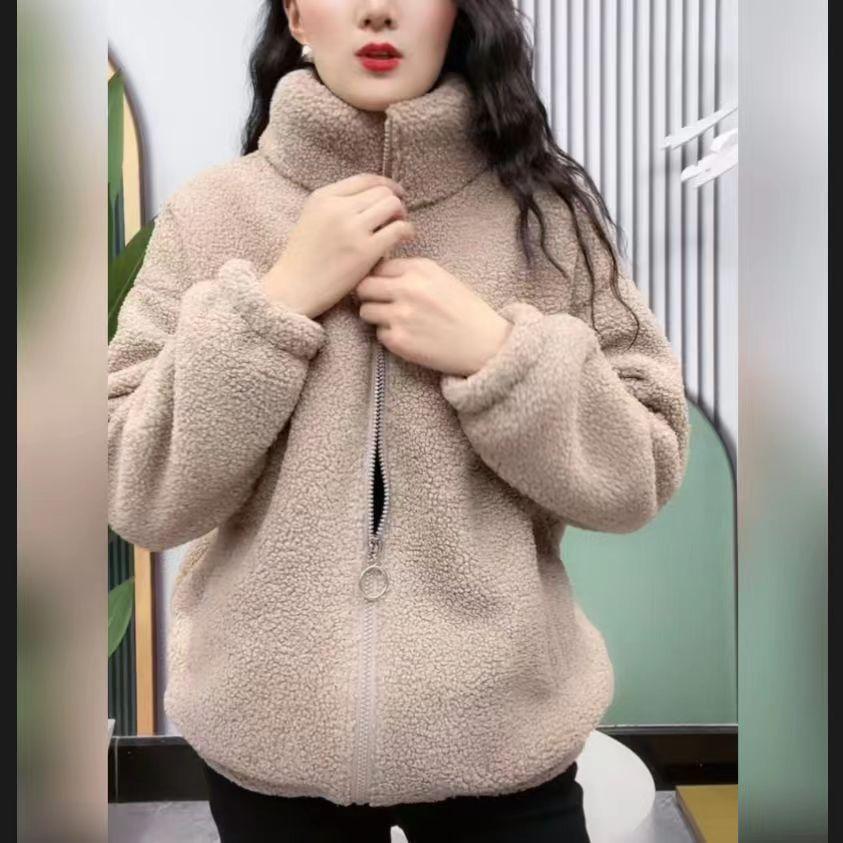 Herbst Winter Fleece Flauschige Jacke Streetwear Harajuku Fuzzy Zipper Mantel Frau Leichte Jacke Plüsch Warme Jacke Mantel M khaki