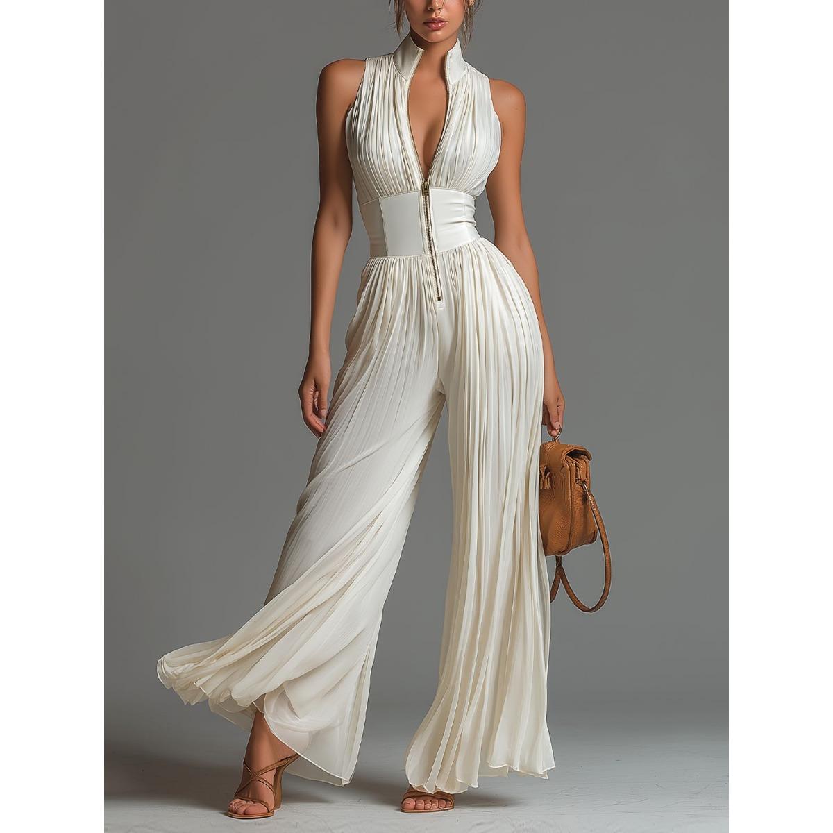 Damen ärmelloser High-Neck-Jumpsuit mit Falten und weitem Bein, hohe Taille, elegant, einfarbig, Party-Jumpsuit M elfenbein