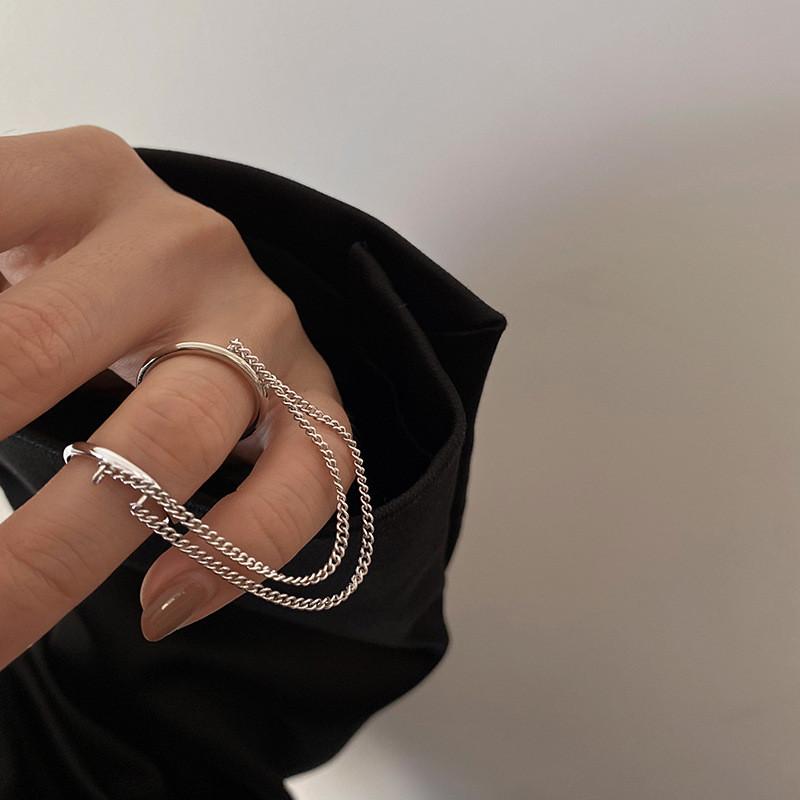 Mode Punk Kette Doppelring Set Damen Hip Hop Offener Ring Metall Farbe Kette Geometrisch Party Schmuck Geschenke brown