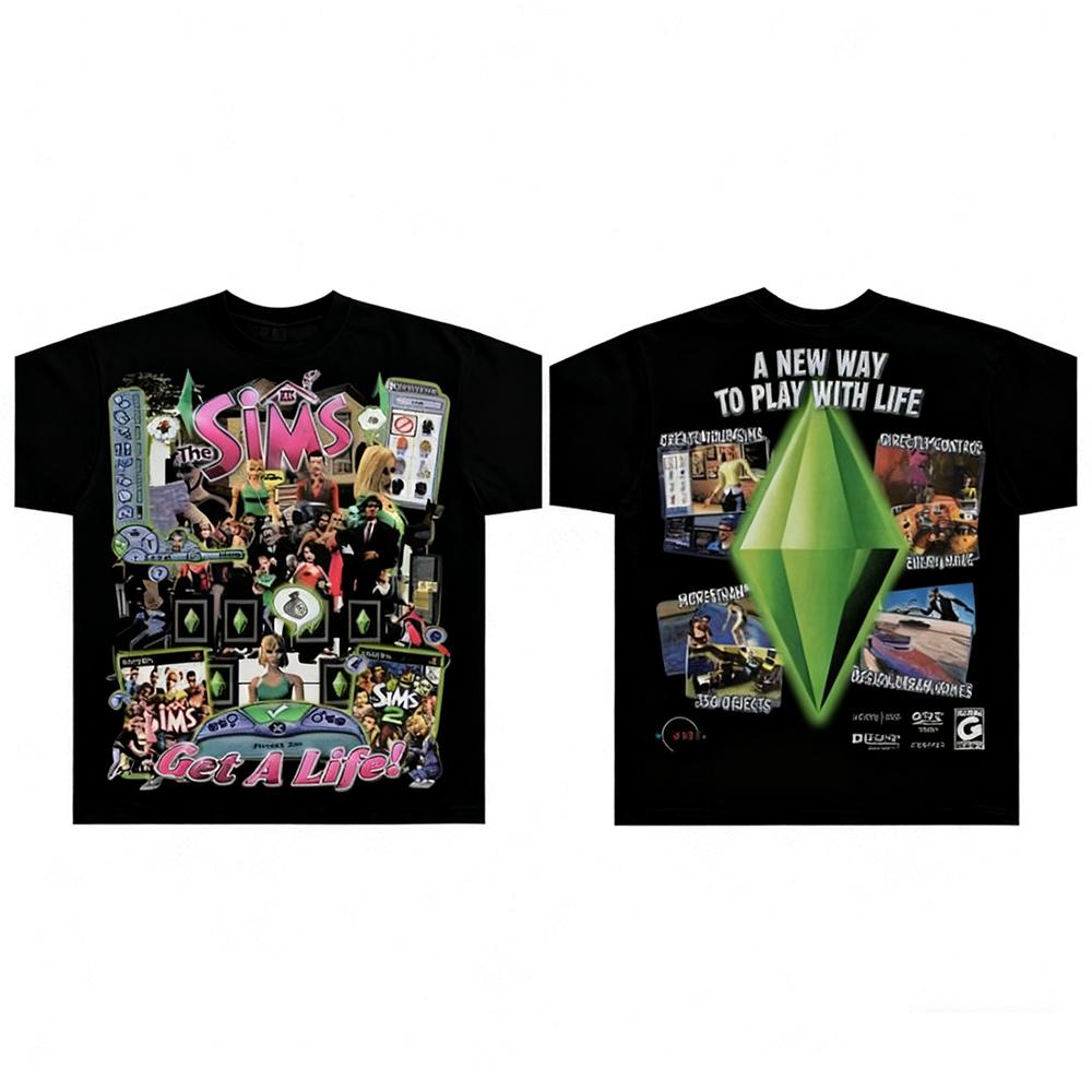 The Sims Classic Sommer T-Shirt Baumwolle Druck Kurzarm Trendiges Mode Top Lässige Lockere T-Shirts Oversized Streetwear Unisex Damen Top M black