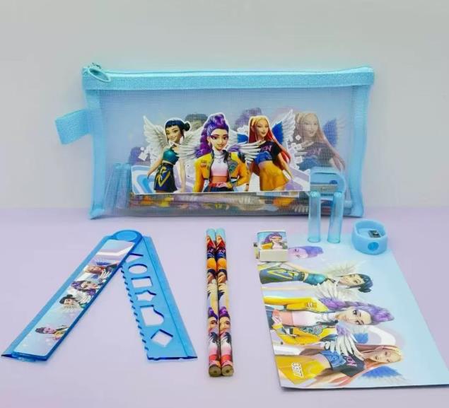 Neuestes K-Pop Dämonenjäger Mädchengruppe Federmäppchen Set Nylon Netzbeutel Rechteckiges Federmäppchen Schüler Schulanfang Set Schreibwaren Geschenk