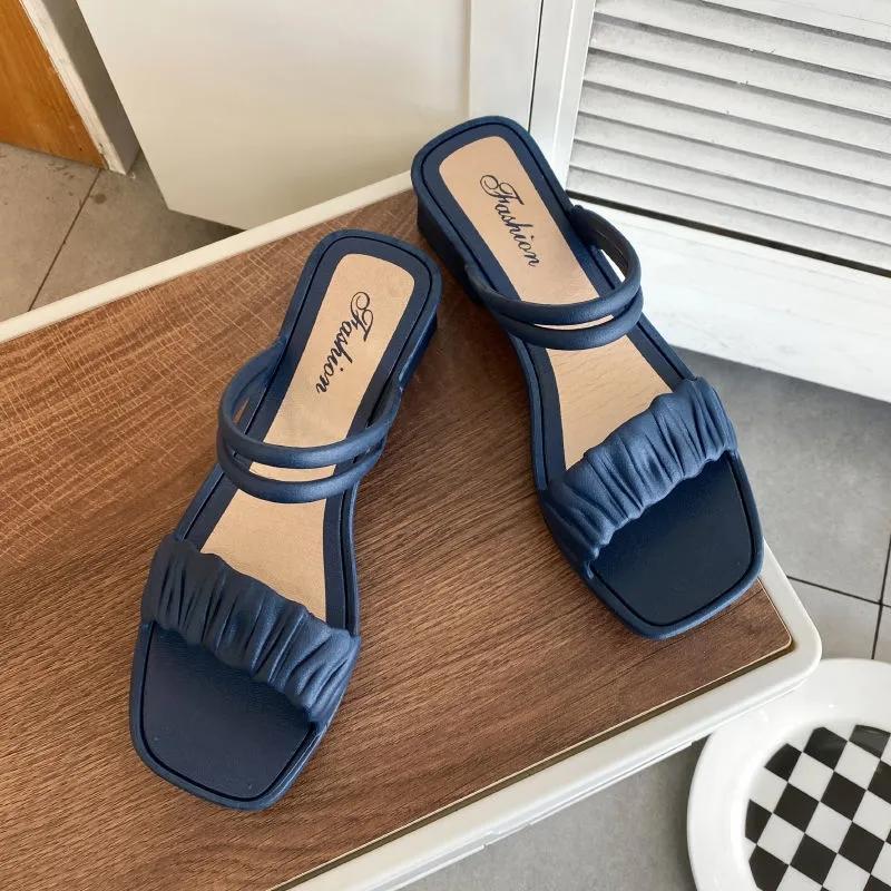 Sommer Damen Sandalen Große Größe Dual-Use-Oberbekleidung Halbe Hausschuhe Einfarbig All-Match Dicke Sandalen mit niedrigem Absatz 38-39 blau