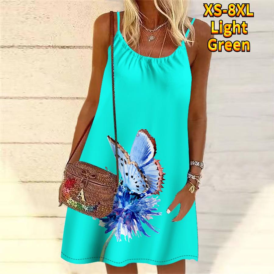Frauen Blume Schmetterling Bestäubung Gedruckt Mini Kleid Ärmelloses Party Kleid Sommer Strand Kleid Sommerkleid 8XL