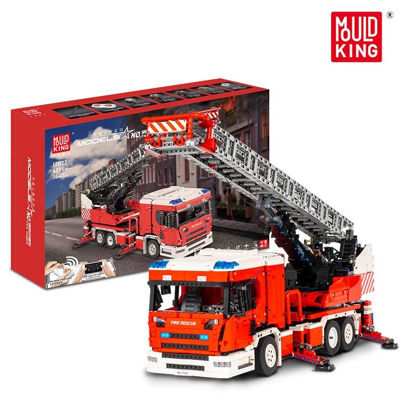 MOLD KING 17022 Technisches Bauspielzeug für Jungen Die APP RC Motorisierte Feuerleiter-LKW-Bausätze Modellblöcke Ziegel Kinderspielzeug Geschenk rot