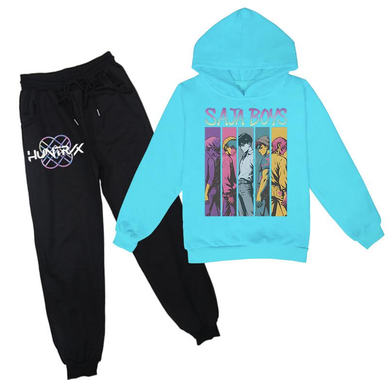 Kinderbekleidungssets 2025 Trendige Kpop Kinderbekleidung für Jungen Mädchen Lässiger Hoodie Dünnes Sporthosenset 160 hellblaue