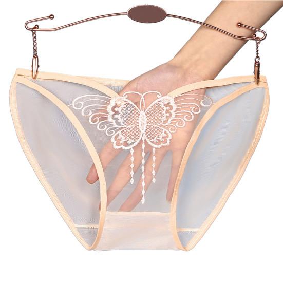 Mittelhohe, nahtlose Stickerei-Schmetterlings-Druck-Frauen-Slips, ultradünne, transparente, sexy Unterhosen XL apricot