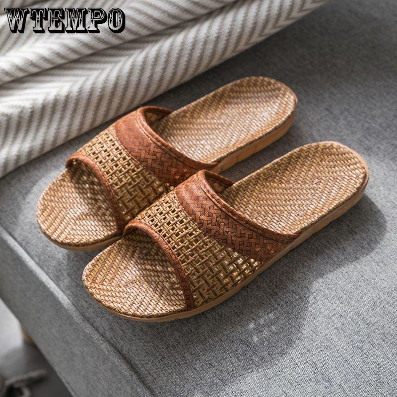Leinengewebte Pantoletten für Damen, Outdoor-Schuhe, Sommer, rutschfeste Sandalen, weiche Unterseite, Rattangras, atmungsaktive Slipper, Outdoor-Strand-Flip-Flops 40-41 braun