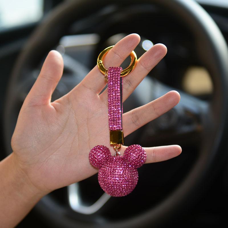 Hochwertiger Strass-Schlüsselanhänger Anhänger Mickey-Kopf Schlüsselanhänger Kralle Bling Kristallkugel Schlüsselanhänger Autozubehör Modeschmuck hellrosa