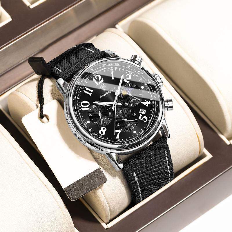 POEDAGAR Luxus Militär Sportuhr für Herren Wasserdicht Leuchtend Chronograph Datum Herrenuhren Quarz Nylonarmband Herrenuhr silber/schwarz
