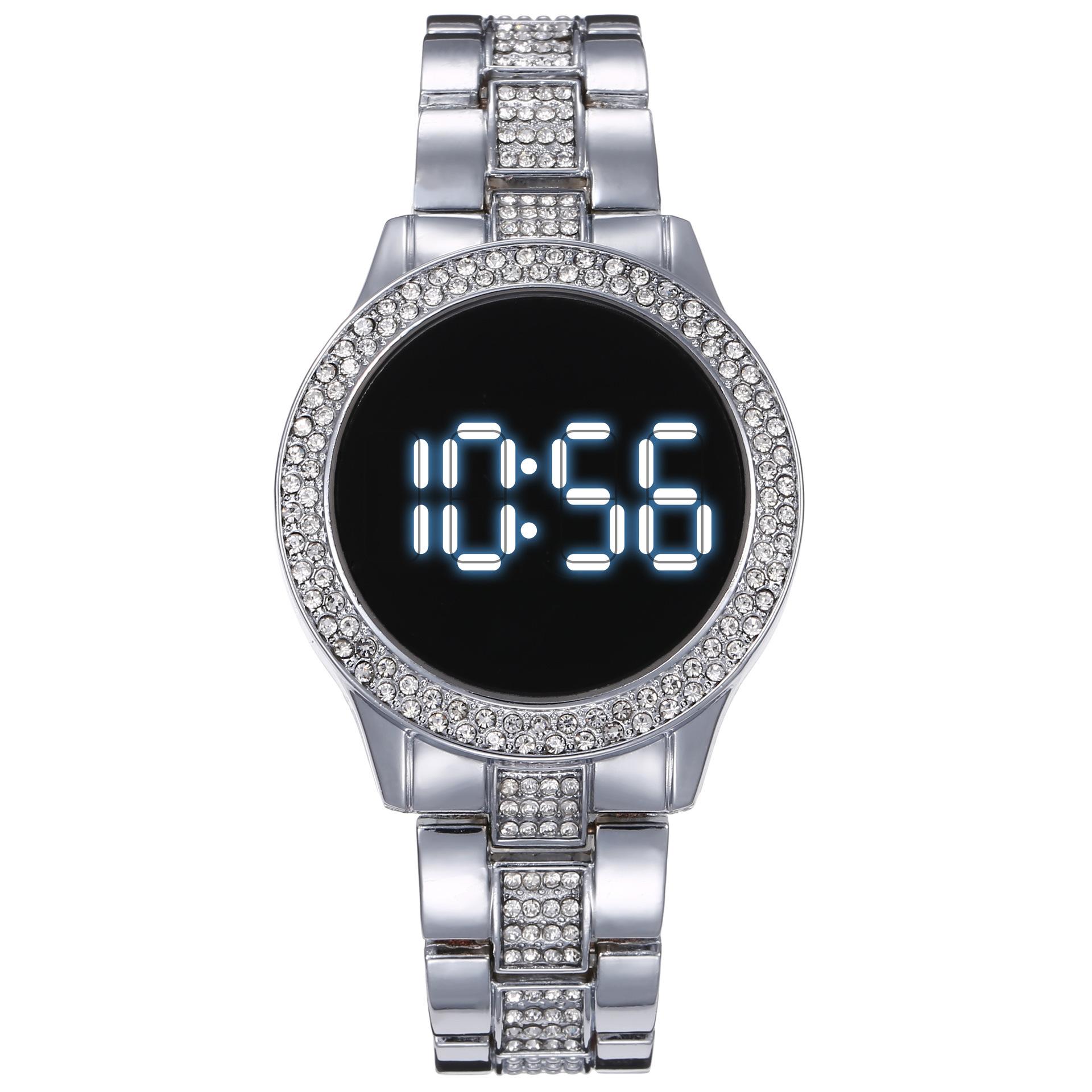 Touchscreen LED Digital Frauen Uhr Strass Damen Edelstahl Armbanduhren Quarz Uhren silber