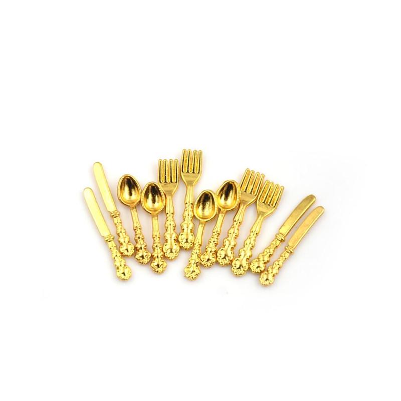 12 Stücke 1:12 Mini Besteck Messer Gabel Löffel Küche Set Puppenhaus Miniatur Barbie Zubehör Kind Spielzeug gold