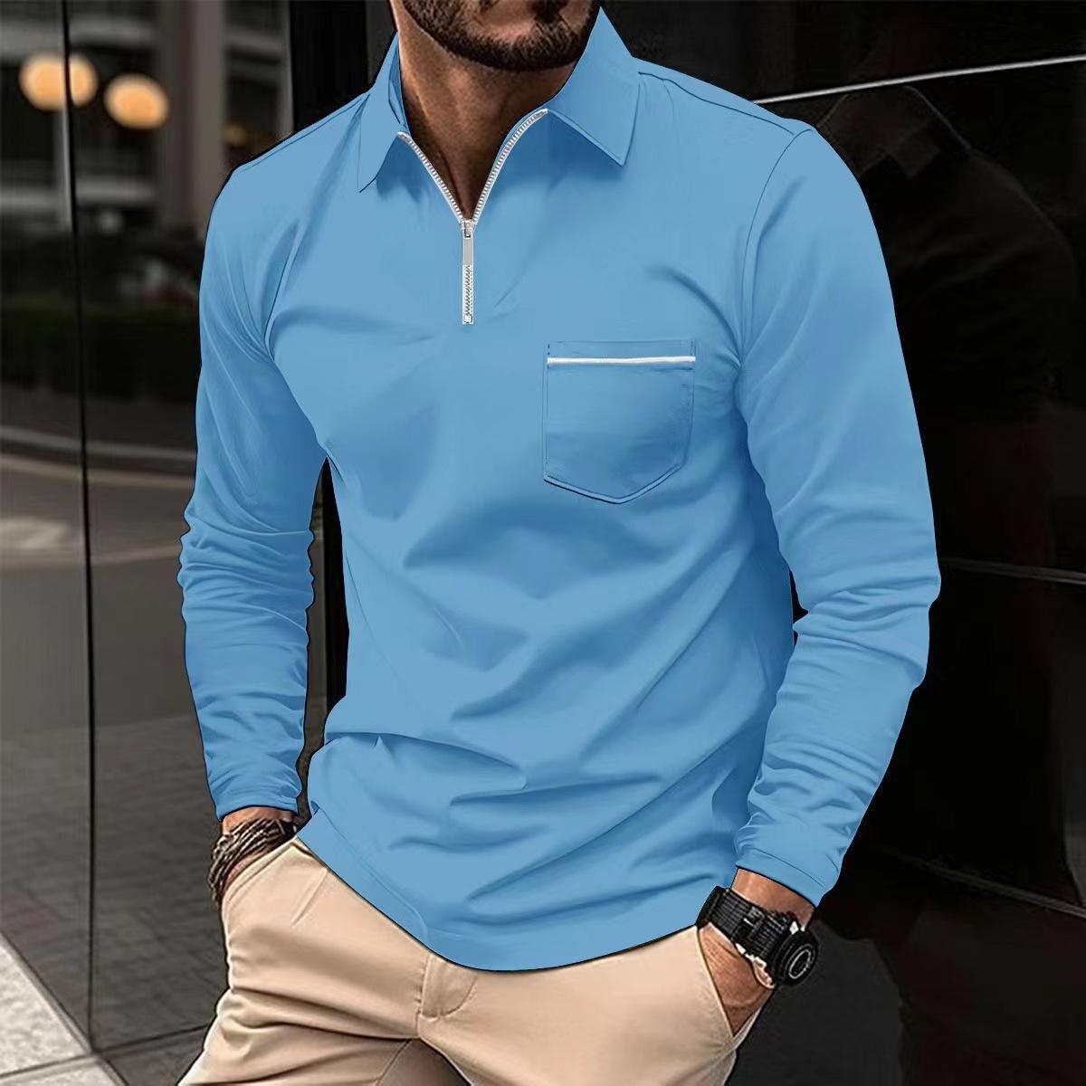 Modisches Poloshirt mit Reißverschlusstasche, langärmelig, sportliches Poloshirt für Herren, einfarbig XXL himmelblaue