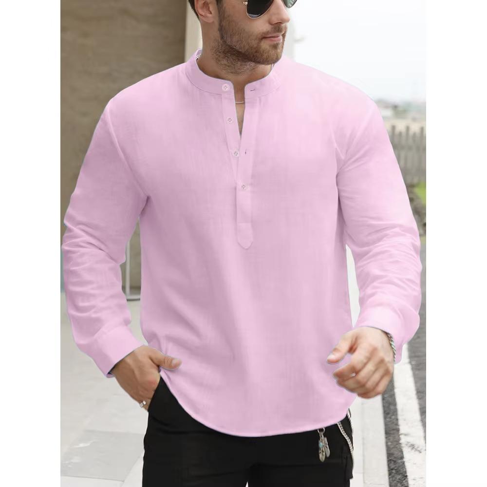Hochwertige weiße Baumwollleinen Henley-Shirts für Herren Leicht Langärmlig Lässig Streetwear Alltagskleidung US XXXL 100-110KG rosa