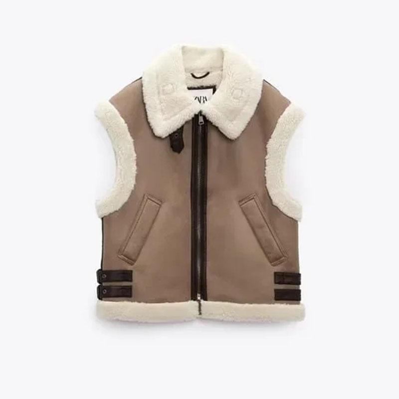 Herbst Winter Neue Damen Warme Pelz Integrierte Ärmellose Fleece Nähte Mantel Weste Jacke L braun