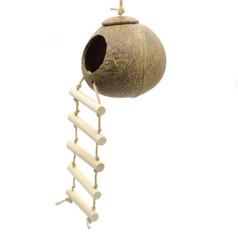 Neu! Papageien-Vogelnest aus natürlicher Kokosnussschale, Versteckhaus, Laufstall, Vogelzubehör für Hamster, Meerschweinchen Coconut Nest with Ladder, 248g