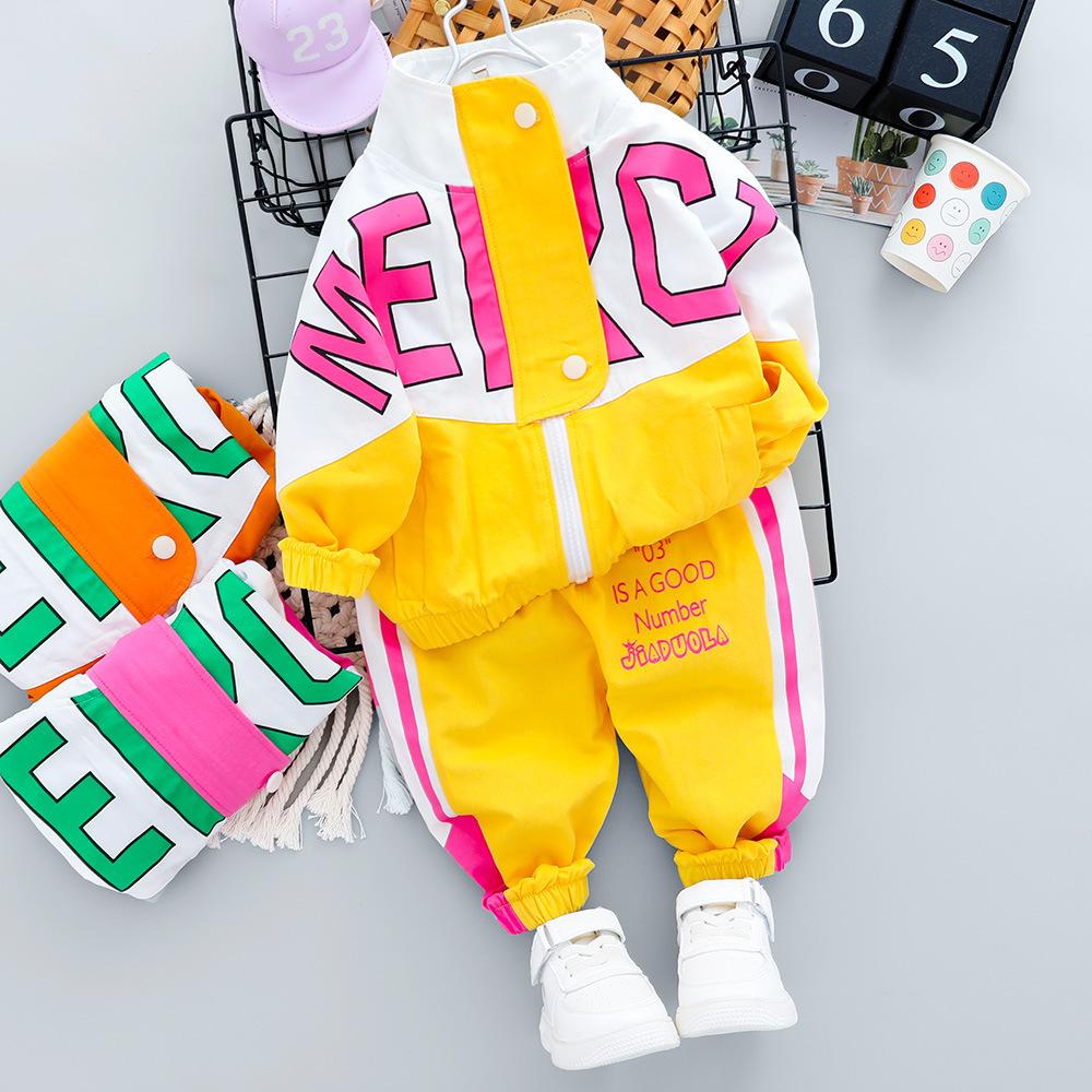Mode Frühling Herbst Baby Mädchen Kleidung Kinder Jungen Casual Brief Jacke Hosen Zwei Pcs Set Kleinkind Baumwolle Kostüm Kinder Trainingsanzüge 90cm gelb