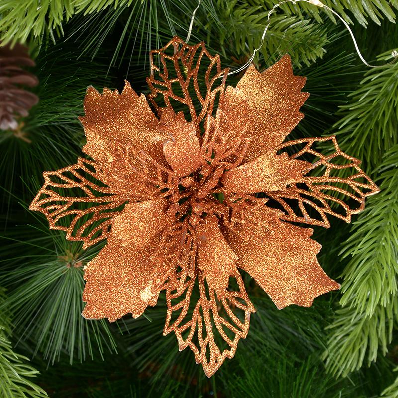 5 Stück 9-16cm Glitzer Künstliche Weihnachtsblumen Weihnachtsbaumschmuck für Zuhause Kunstblumen Weihnachtsornamente Neujahrsdeko 9cm bronze