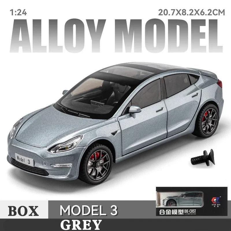 1/24 Tesla Model 3 Druckguss-Legierung Modellauto-Sammlung, Ornamente, Geburtstagsgeschenke, Sound & Licht, Weihnachtsgeschenke, Spielzeug für Kinder grau