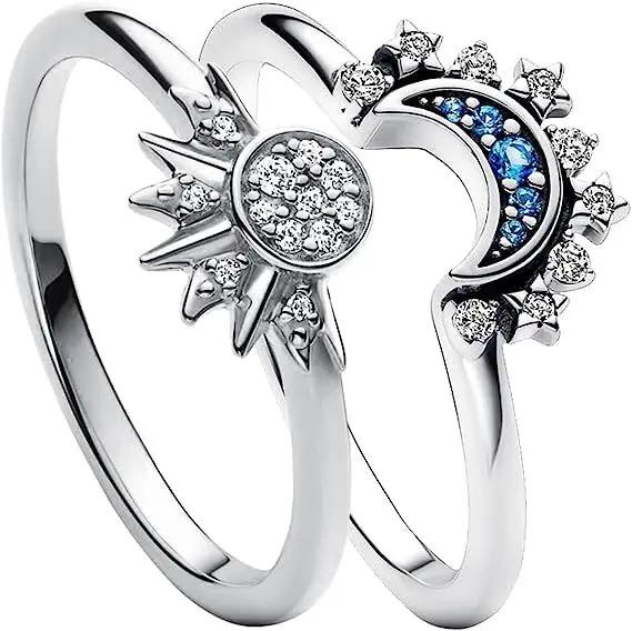 2Stk/Set Sommer Partnerring Set Himmelblau Funkelnder Mond- und Sonnenring Neu Damen Stapelbares Finger Set Verlobungsschmuck 7 gray