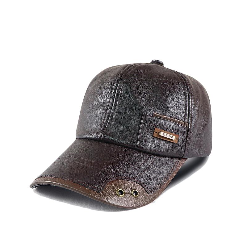 Herbst Winter Leder Baseball Cap Männer Nähte Peak Cap Samt Mittleren Alters Cap dunkel kaffee