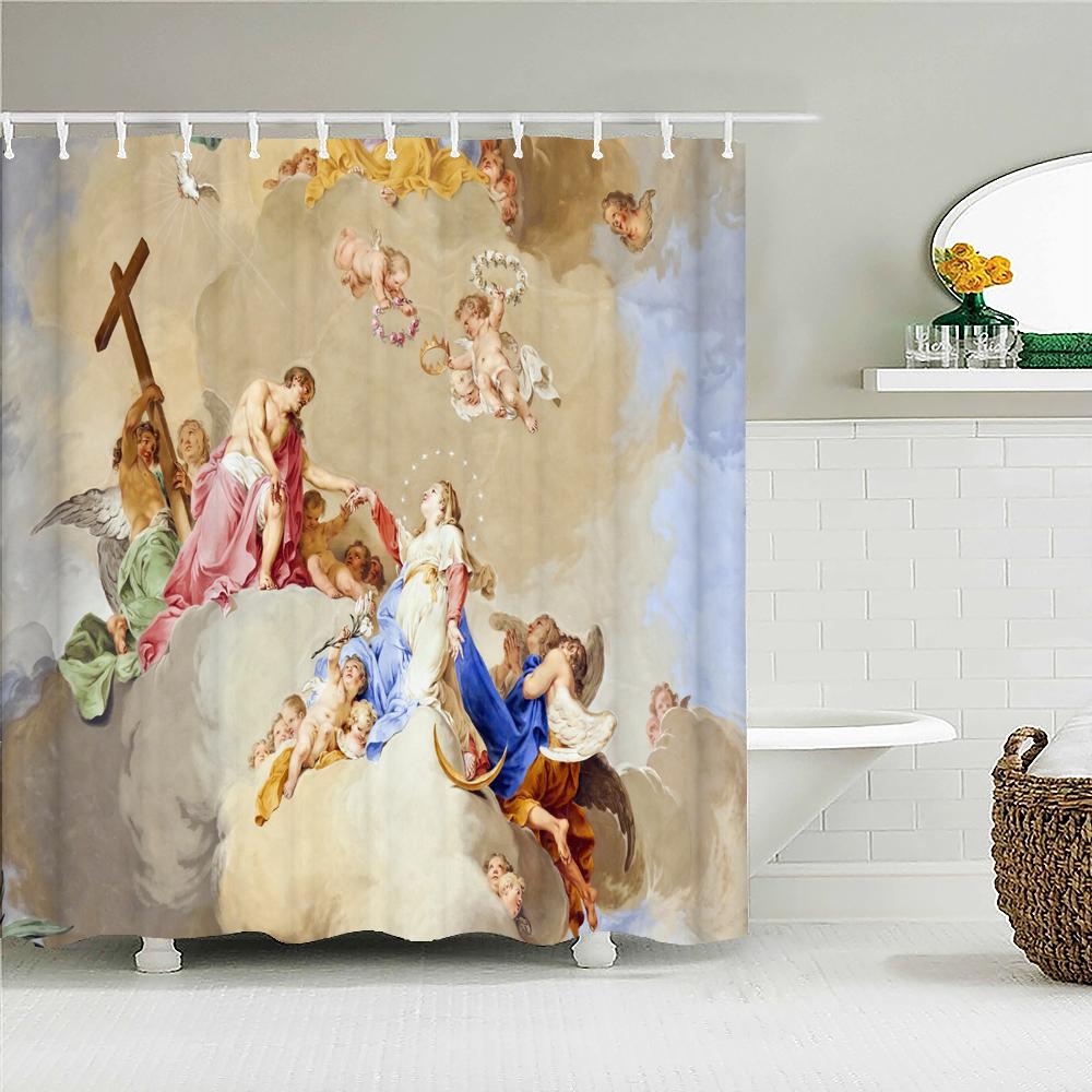 Der Garten der Lüste Duschvorhang für Badezimmer Kunst Badvorhang Engel Jesus Christus Gemälde Polyester Duschvorhang W180xH200cm