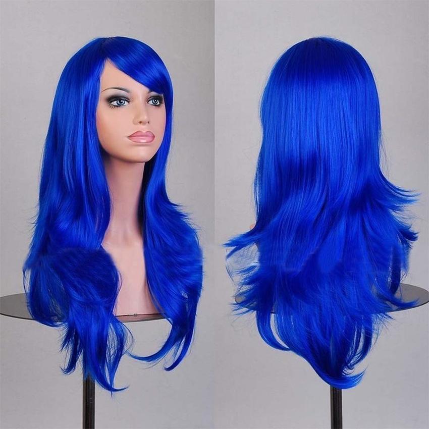 Damen-Mädchen-Cosplay-Party-Perücken, einfarbig, gewelltes Haar, langes Kostüm, Schönheitsperücke königsblau