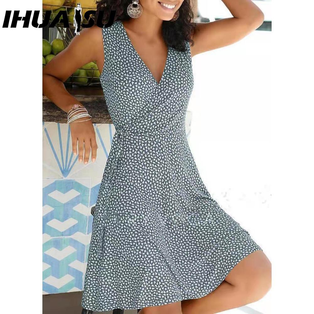IHUASU Gepunktetes Kleid Damen Ärmellos Bandage Strandkleid Sommer Böhmische Kleider für Damen Lässige V-Ausschnitt Kleider Damenrobe XXXL grau