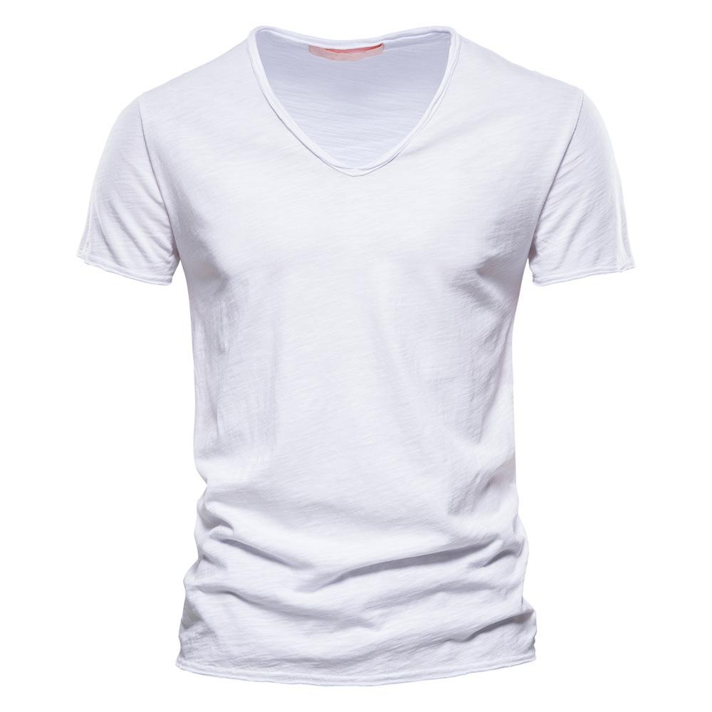 Herren Sommer Einfarbig V-Ausschnitt Kurzarm T-Shirt Baumwolle Oberteil Europäischer und Amerikanischer Stil Herrenmode L weiß